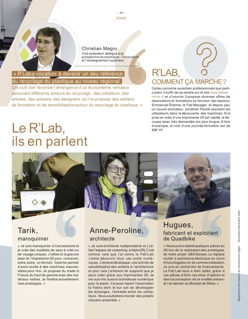 article de Tarik Impec créateur maroquinier de Galcollab atelier concept dans magazine agglomag concernant les utilisateur du R'lab de Carcassonne dont une présentation