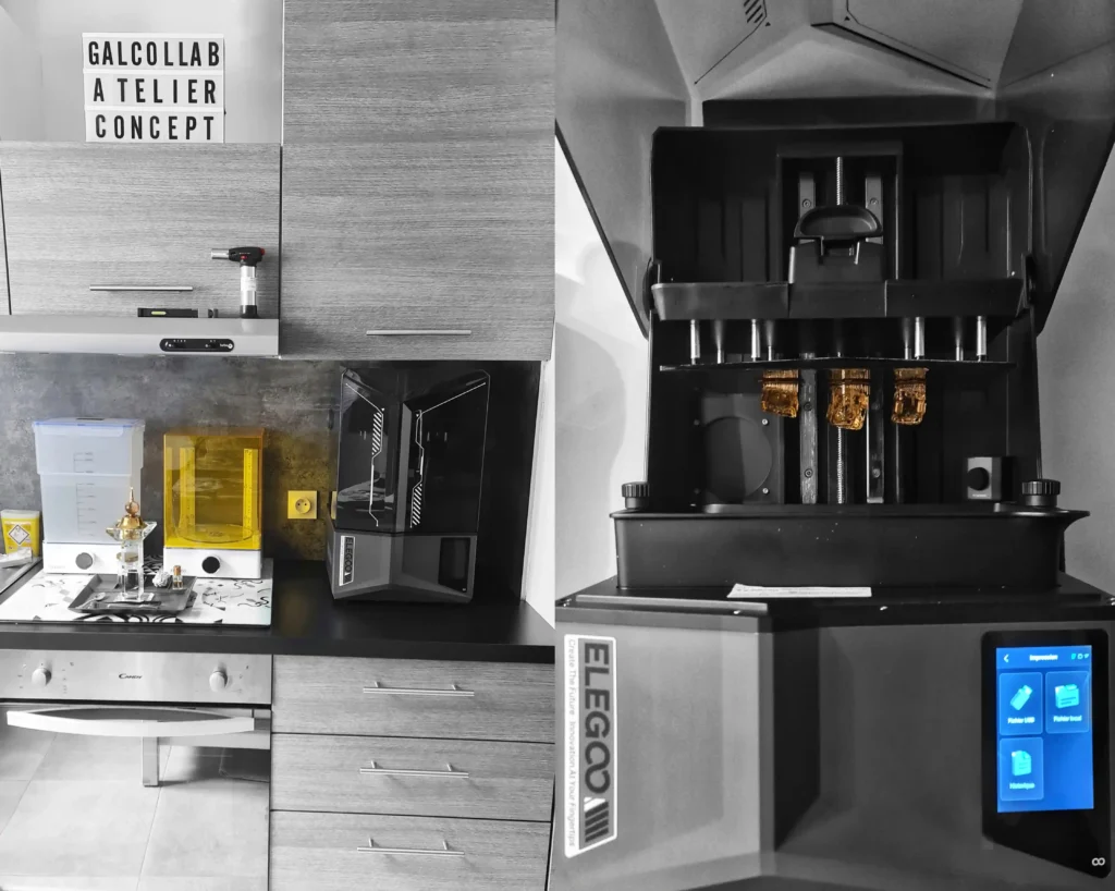 impression 3d par méthode MSLA avec une imprimante Elegoo saturn 4 ultra dans l'atelier Galcollab