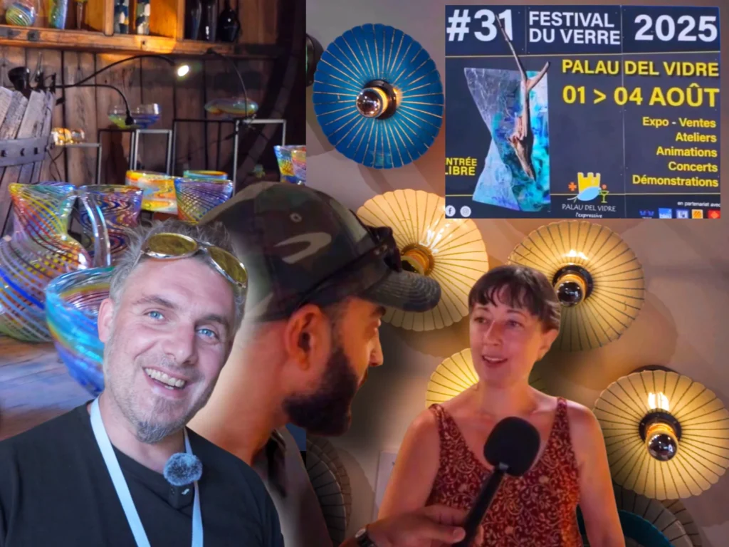vlog de atrik impec pour la chaine youtube Galcollab tv au festival du verre 2025 à Palau del vidre. avec Céline Chanclud de l'atelier étoile de verre et Pierrot Doremus souffleur de verre.