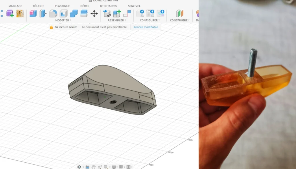 à gauche de l'image vue du logiciel 3d Fusion 360 et à droite pièce réaliser en impression 3d résine avec une imprimante Elegoo saturn 4 ultra 12k